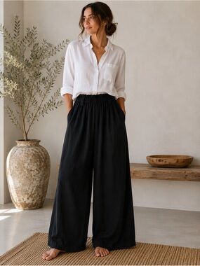 COTTON ON Black Linen Blend Wide Leg Pants Elastic Waist